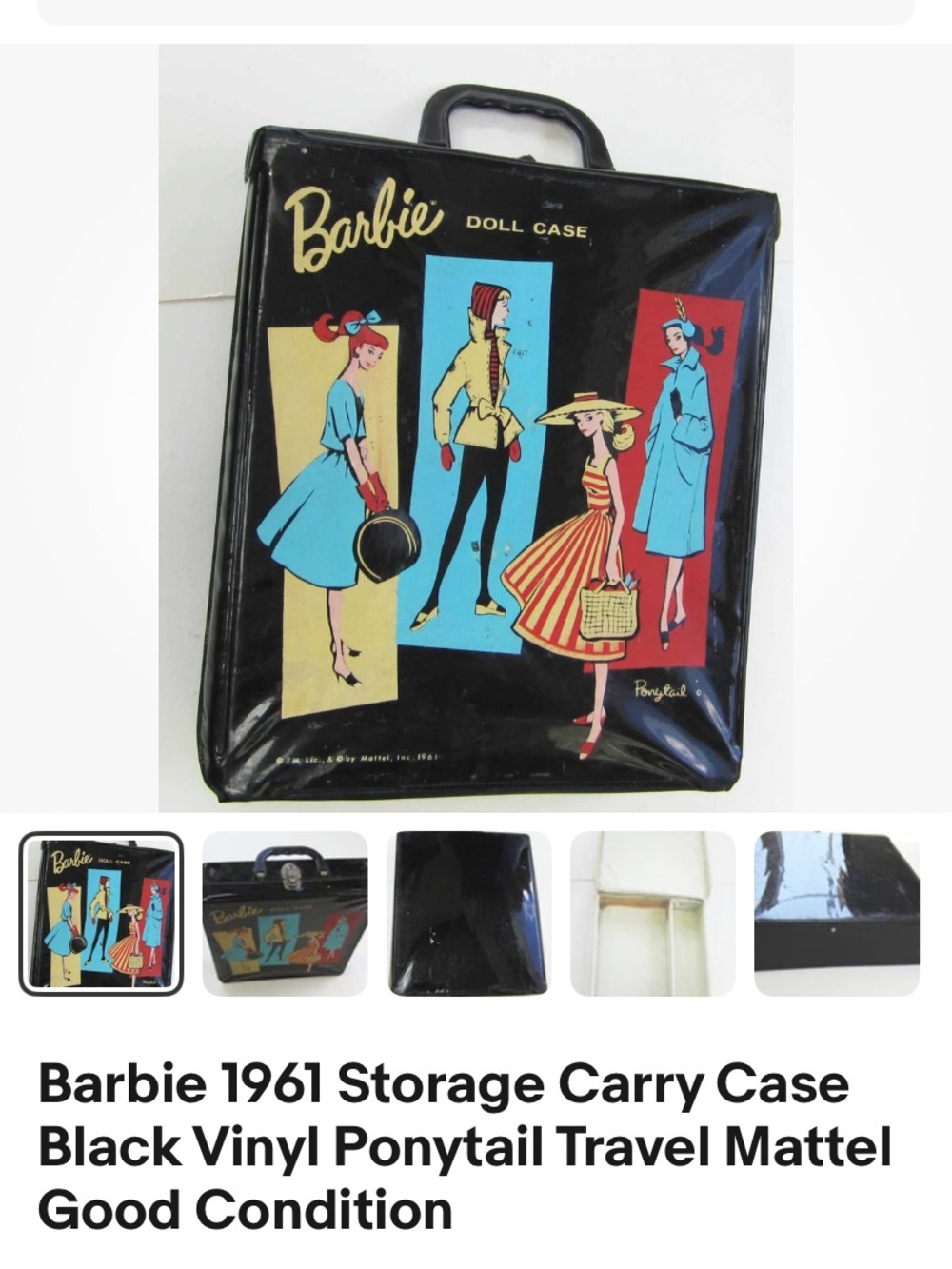 Mattel Barbie Black Vinyl Travel Doll Case with Colorful Vintage Print